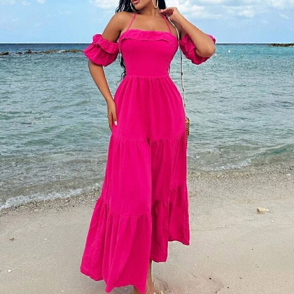 Pink Boho Women's Off-Shoulder Halter Belted Dress - Picture 1 of 5